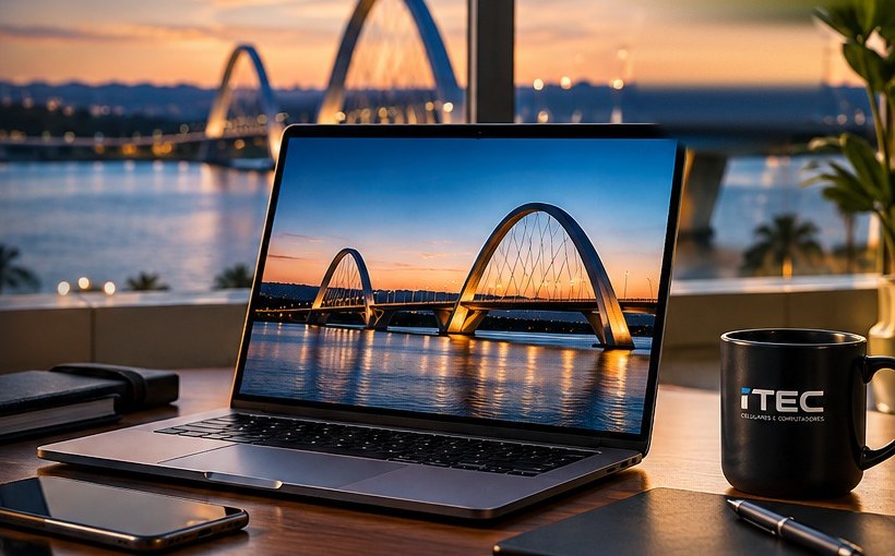 Notebook sobre a mesa com a Ponte JK ao entardecer ao fundo e uma caneca da ITEC
